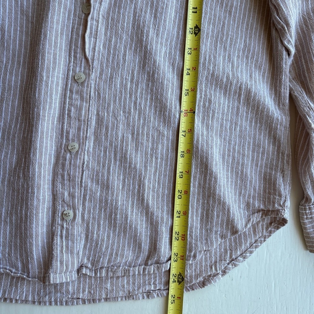 Striped Women L Button Boho Tan White Linen Blend Long Sleeve Coastal Granola - Picture 7 of 7
